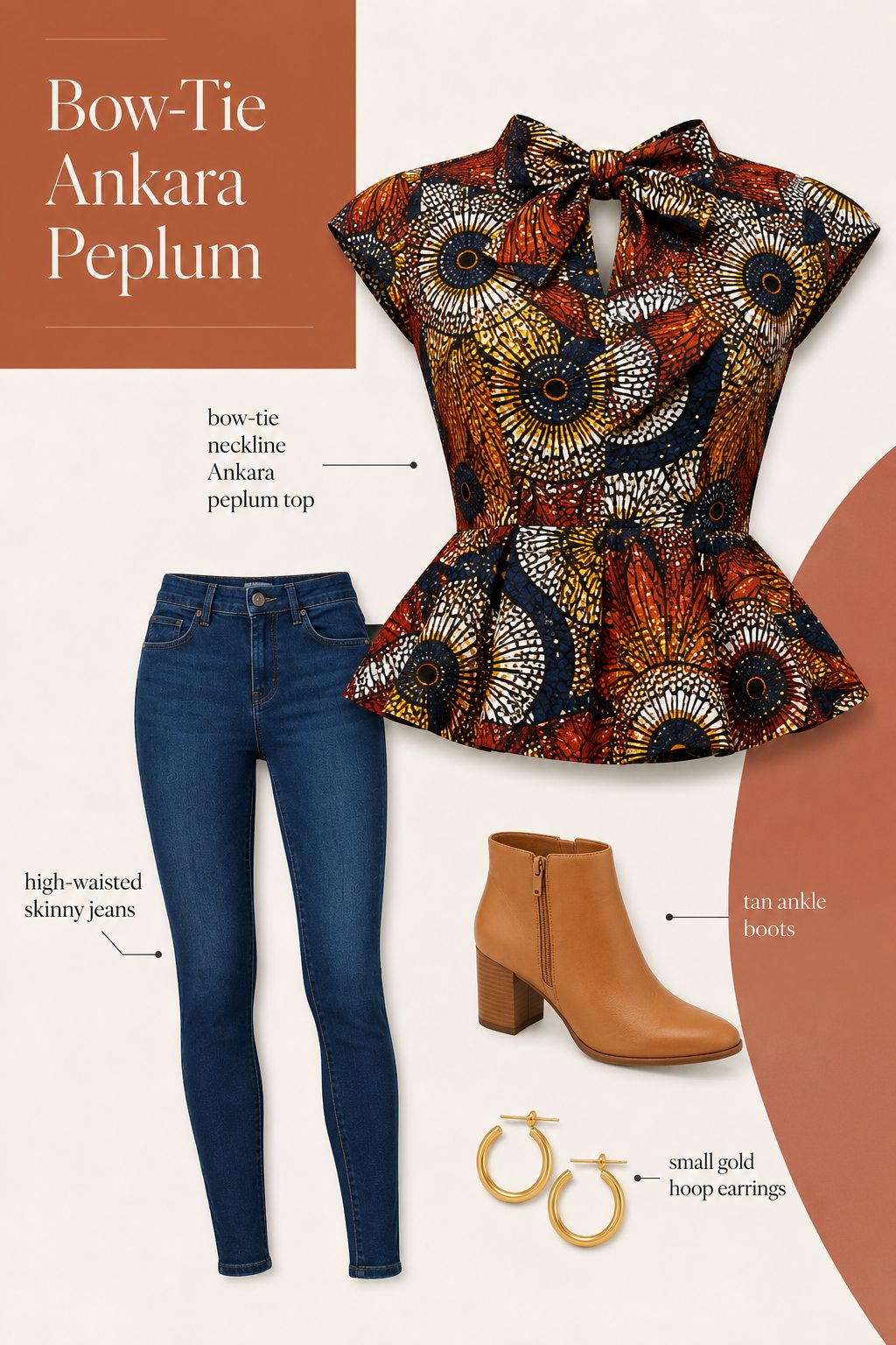 Bow-Tie Neckline Ankara Peplum Top with Skinny Jeans