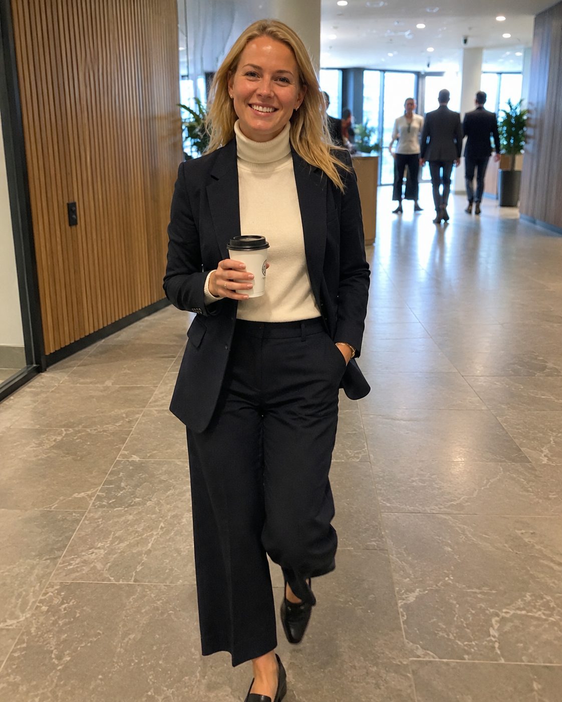 Structured Navy Blazer With a Pencil Skirt and Block Heels