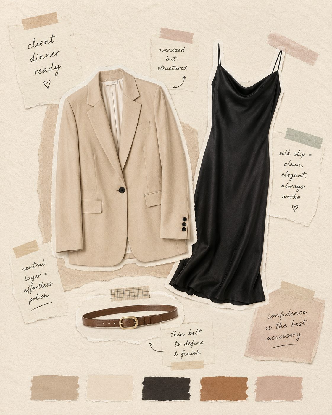 Oversized Blazer Belted Over a Slip Dress for Client Dinners