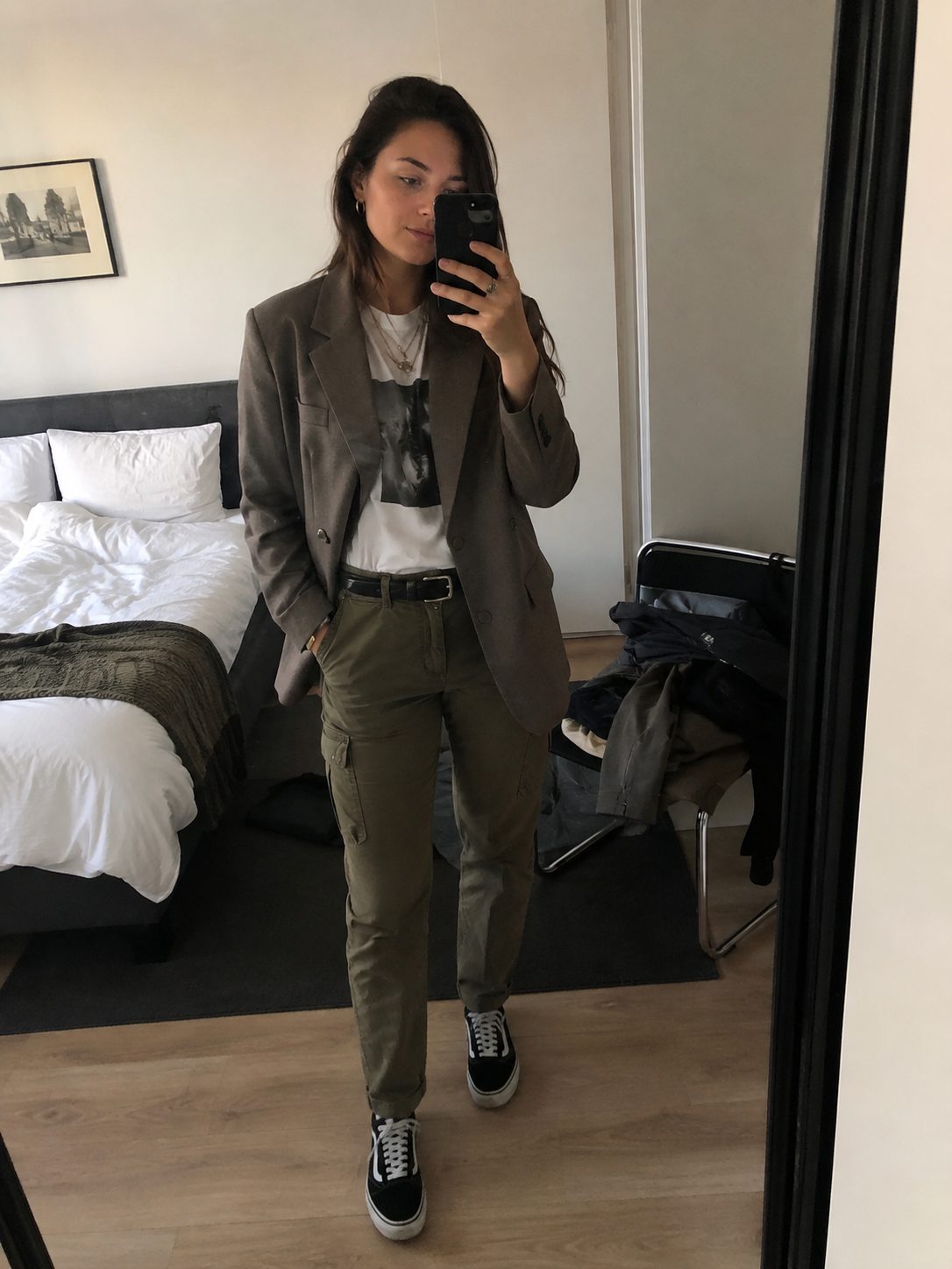 Blazer Worn Open Over a Graphic Tee and Cargo Pants