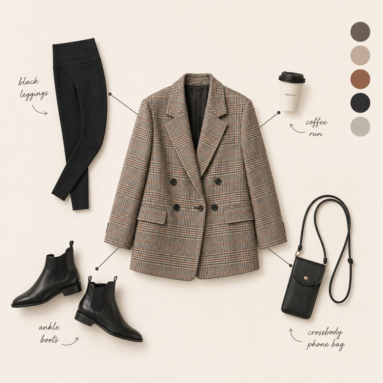 Plaid Blazer With Leggings and Ankle Boots for a Coffee Run