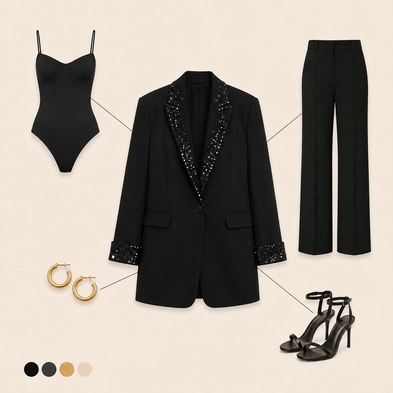 Sequin-Trim Blazer Over a Simple Black Bodysuit