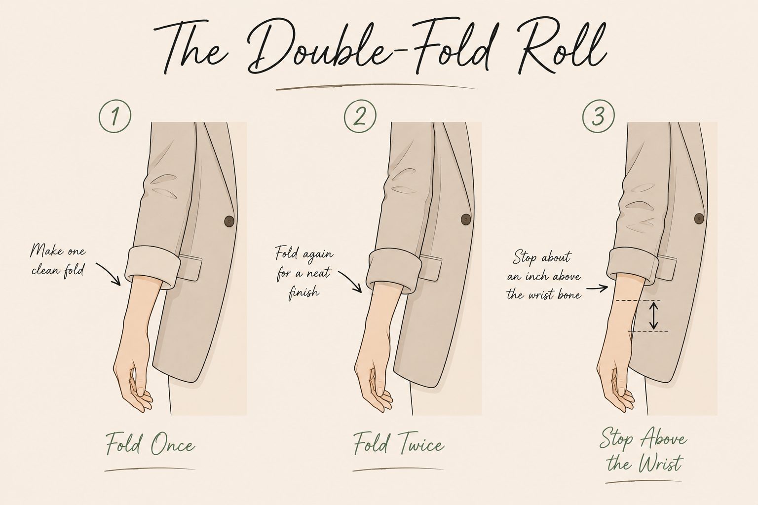 Roll the Sleeves Twice, Stopping an Inch Above the Wrist Bone