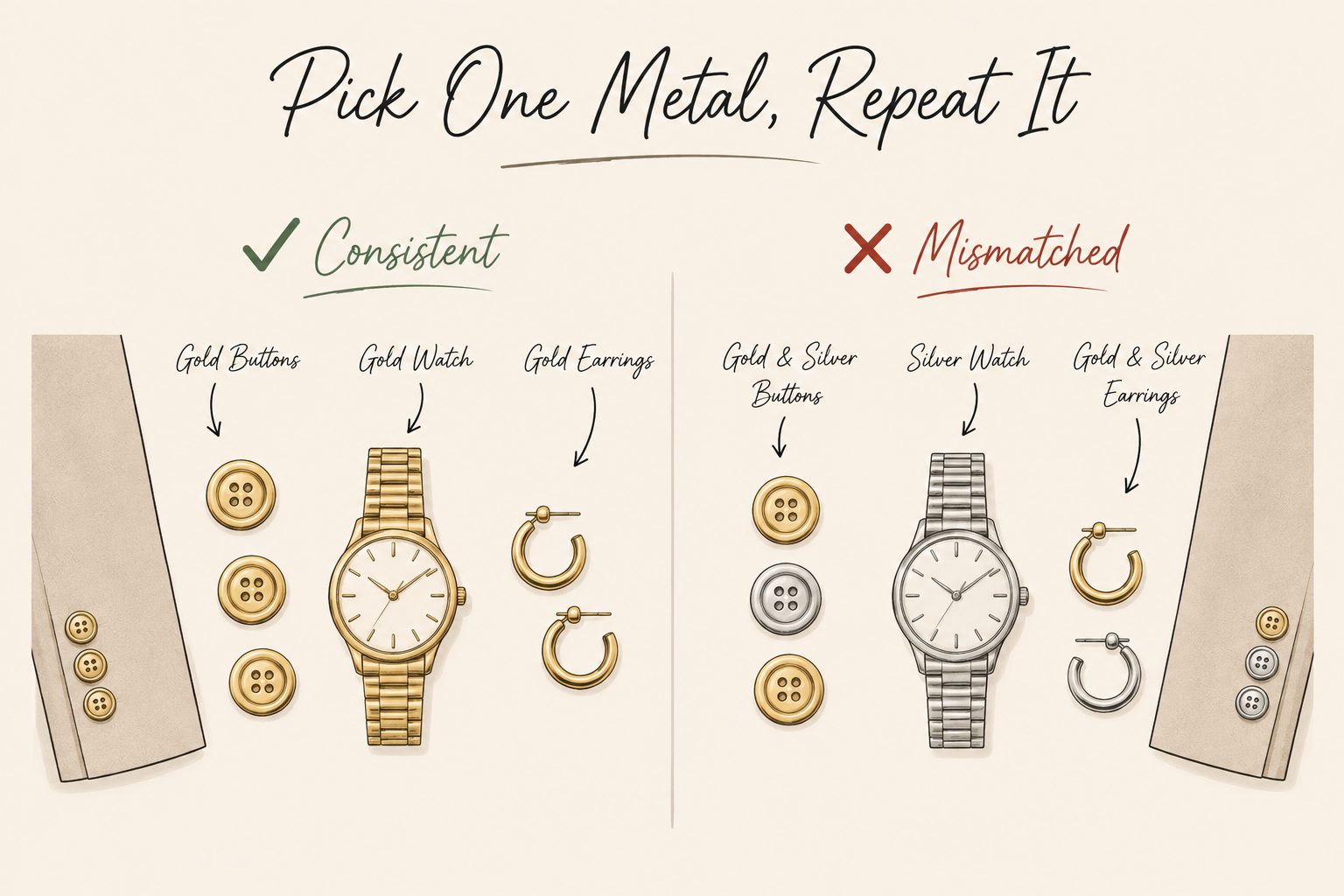 Pick One Metal Tone and Repeat It in Your Buttons, Watch, and Jewelry