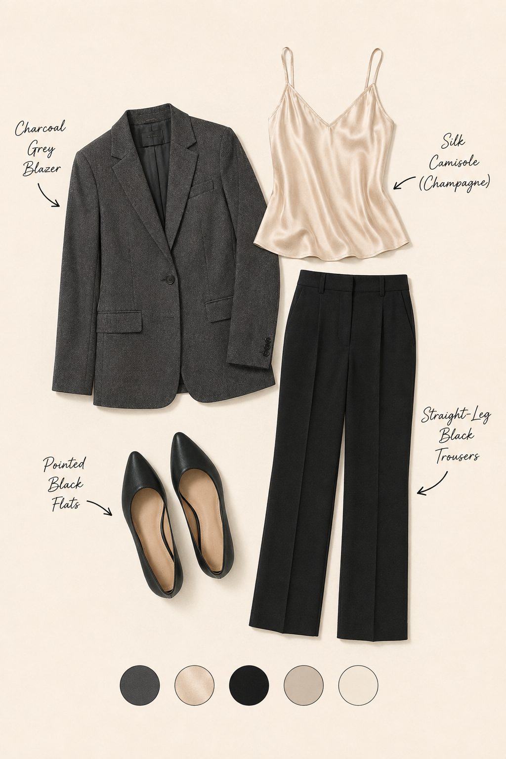 Charcoal Blazer With a Silk Camisole and Straight Trousers