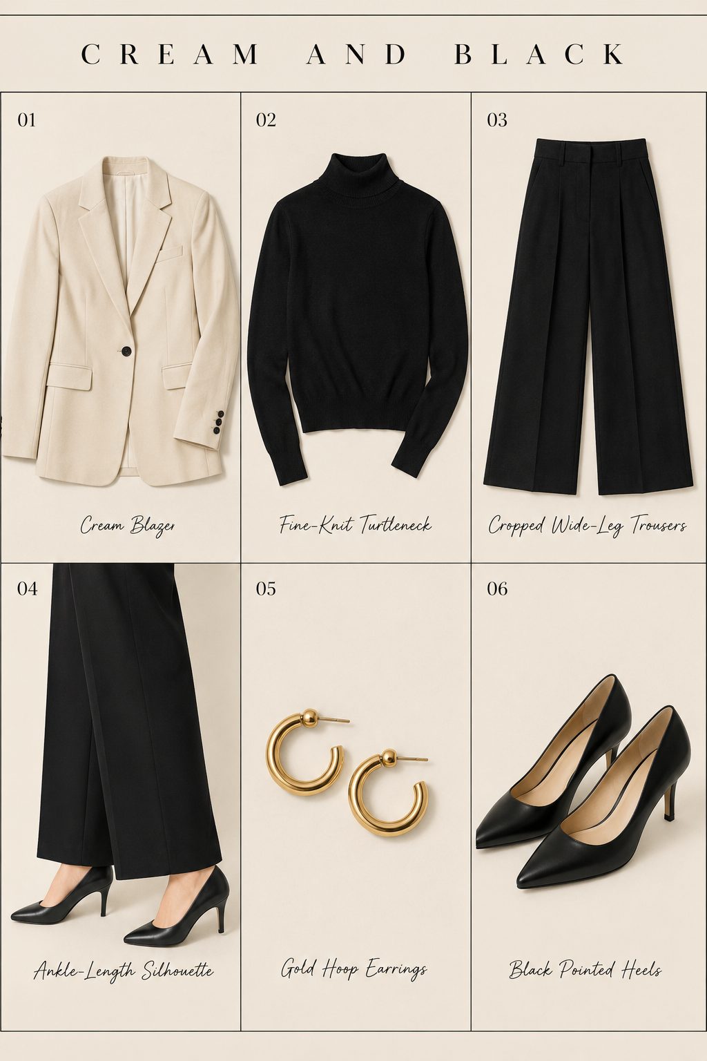 Cream Blazer Over a Black Turtleneck and Wide-Leg Pants