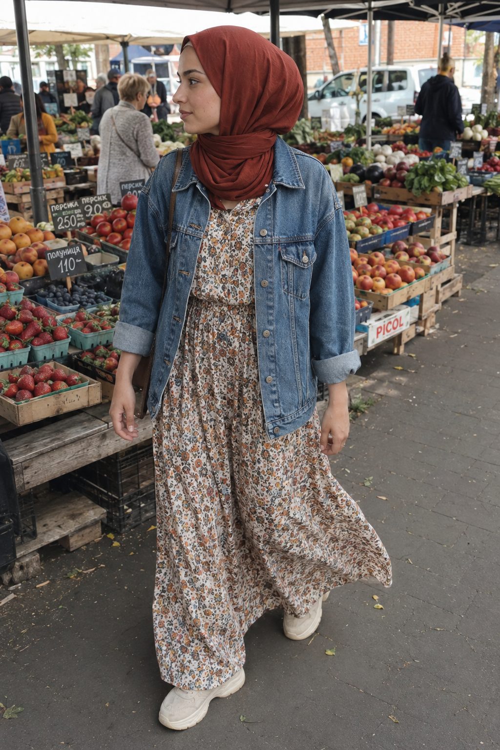 Oversized Denim Jacket over a Printed Maxi Dress