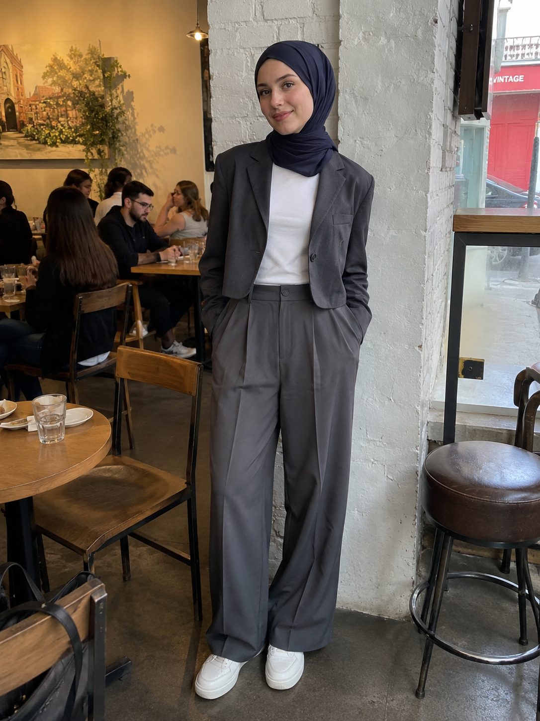 Wide-Leg Trousers with a Cropped Blazer and Sneakers
