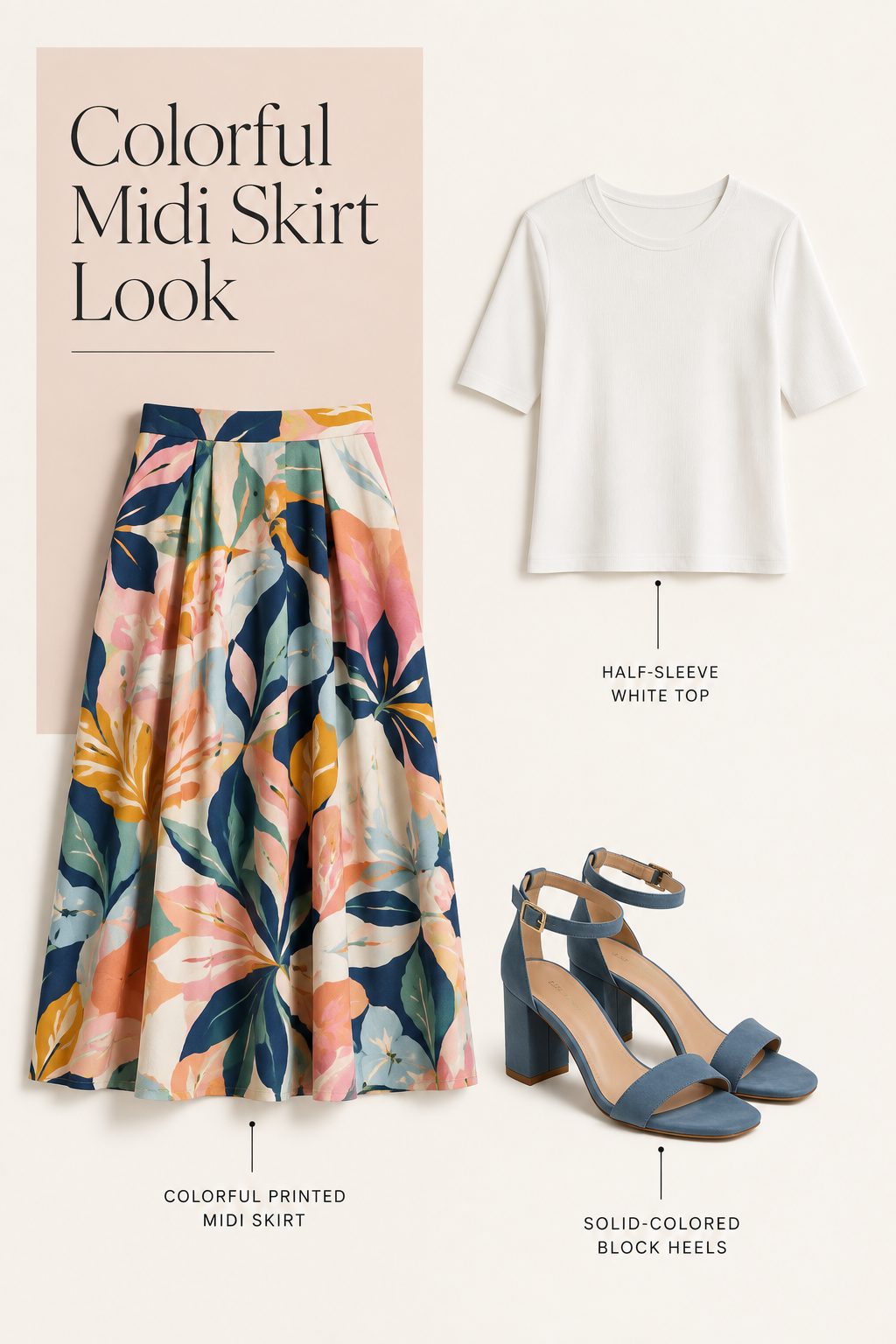 Colorful Midi Skirt with a Half-Sleeve White Top