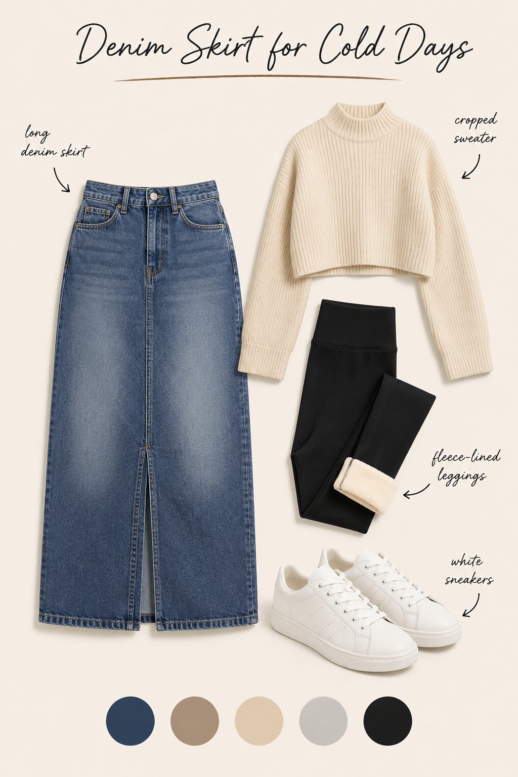 Long Denim Skirt Layered Over Leggings for Cold Days