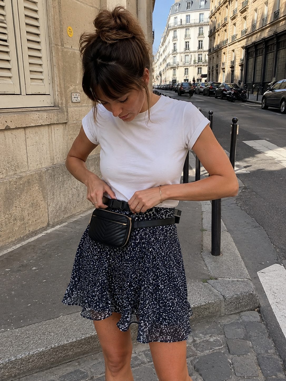 Swap Your Shoulder Bag for a Belt Bag on Errand-Day Skirt Outfits