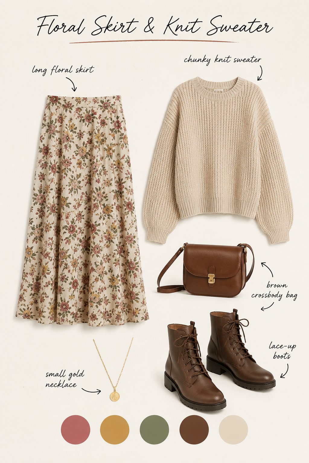 Long Floral Skirt with a Chunky Knit Sweater