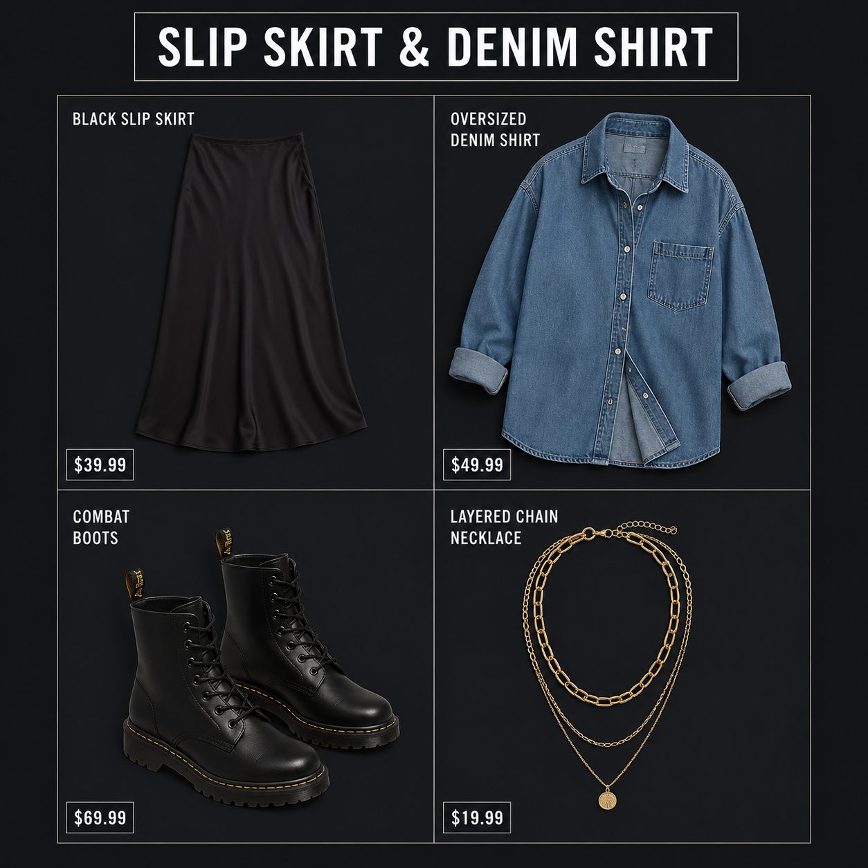 Black Slip Skirt with an Oversized Denim Shirt