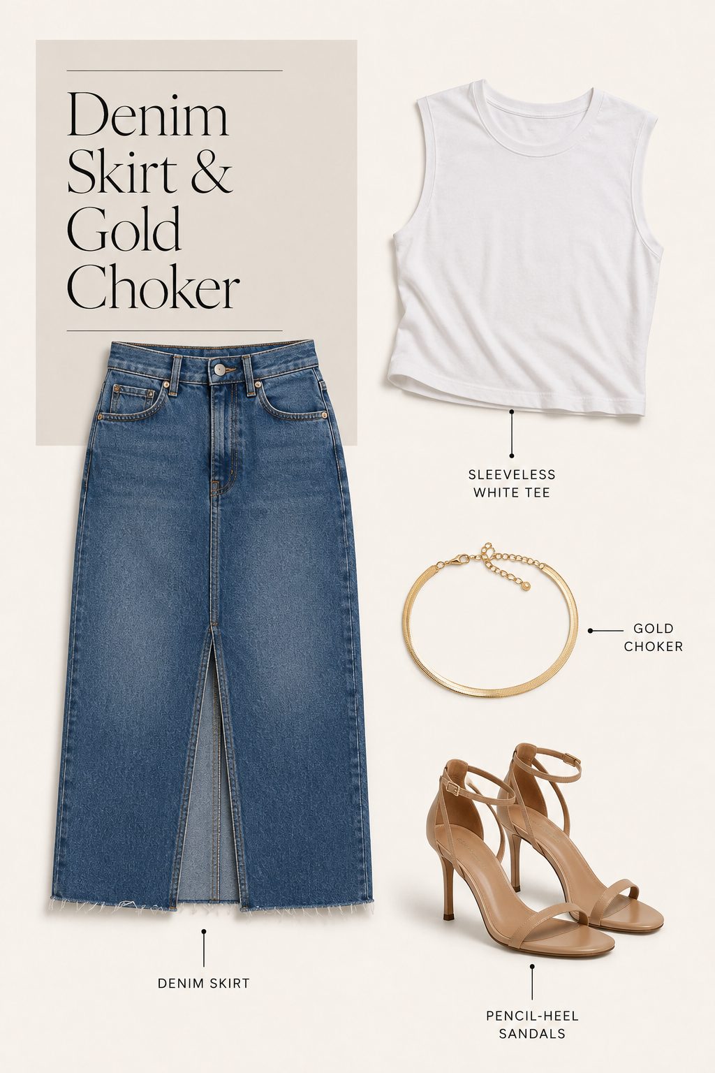 Denim Skirt with a Sleeveless Tee and a Gold Choker