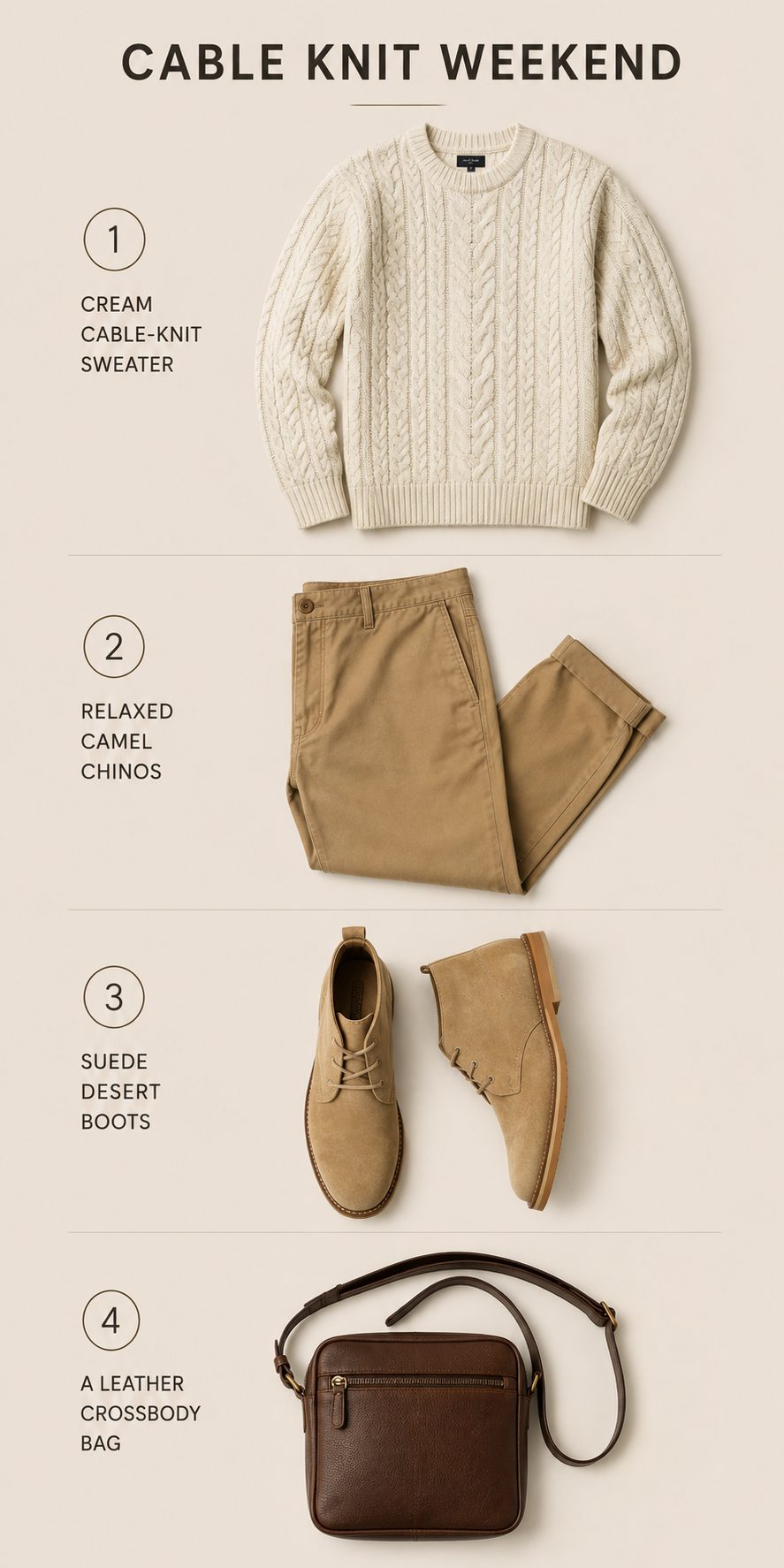 Cable-knit sweater with relaxed chinos and desert boots outfit