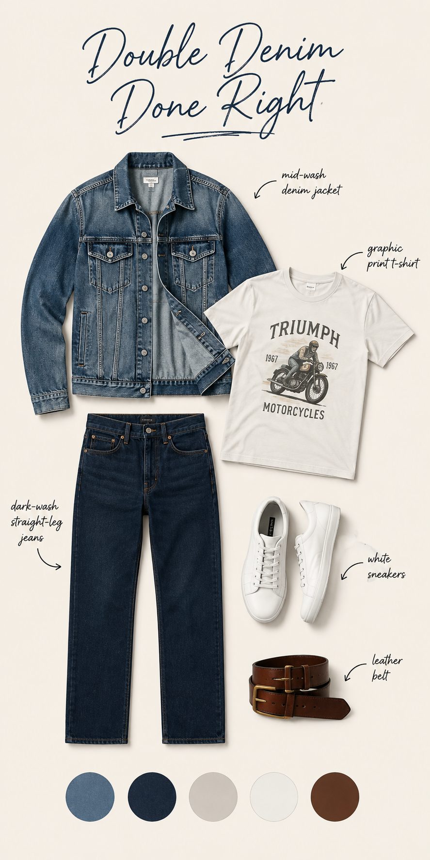 Denim jacket over a graphic tee with straight-leg jeans outfit