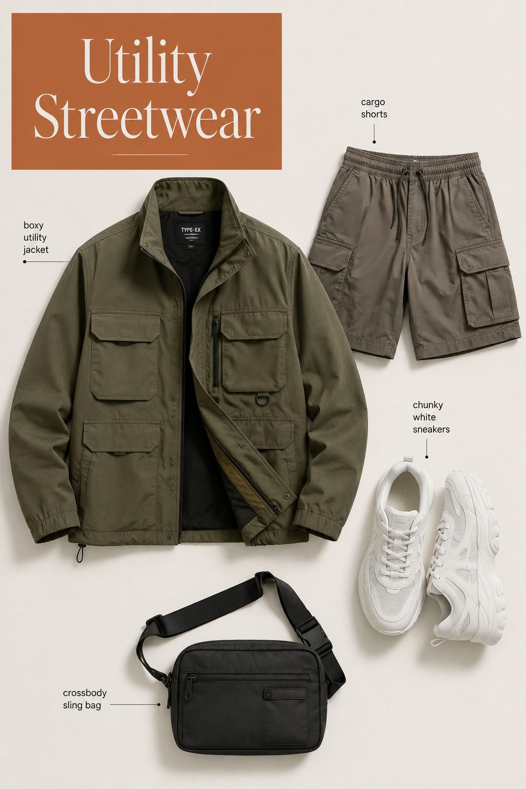 Utility jacket with cargo shorts and chunky sneakers outfit