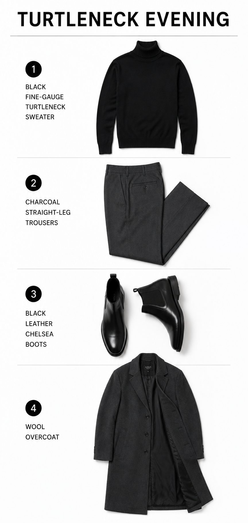 Turtleneck sweater with straight-leg trousers and Chelsea boots outfit