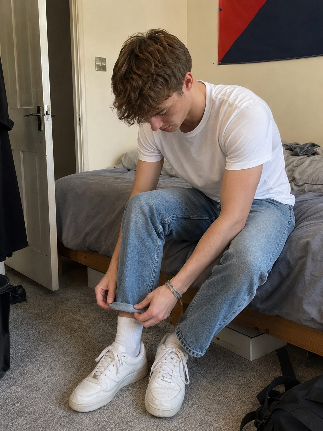 Cuffing straight-leg jeans once at an 18-inch leg opening