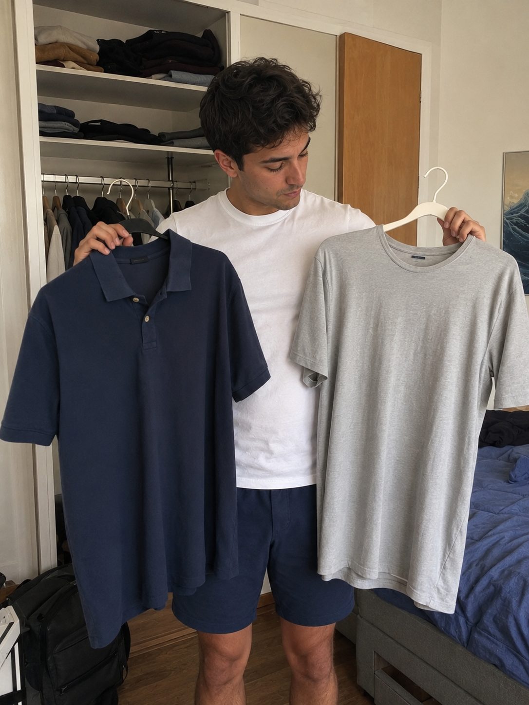 Structured-collar polo shirt compared to a crew-neck tee for broader shoulders