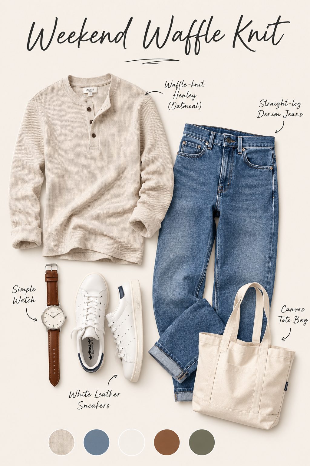 Waffle-knit henley with straight-leg jeans and white sneakers outfit