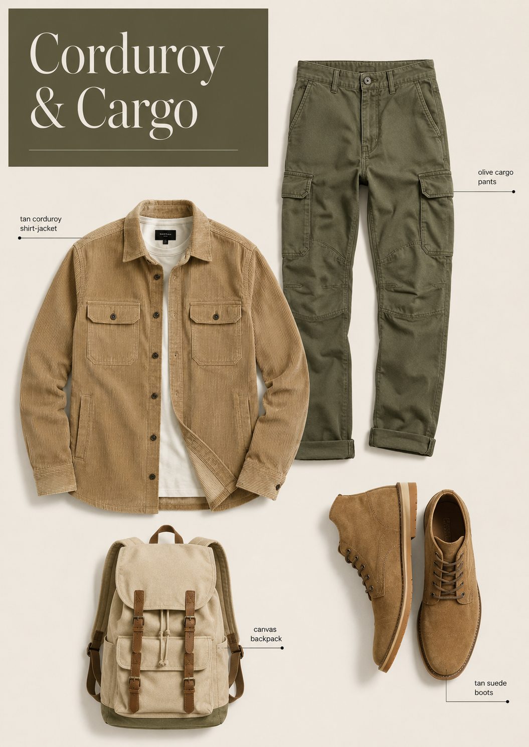 Corduroy shirt-jacket with olive cargo pants outfit