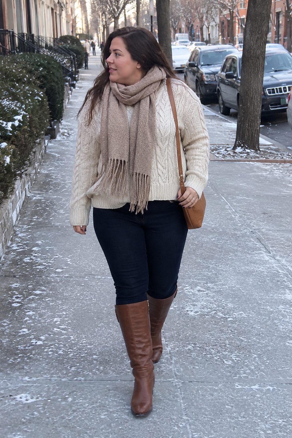 Skinny Jeans with a Chunky Knit Sweater and Knee-High Boots
