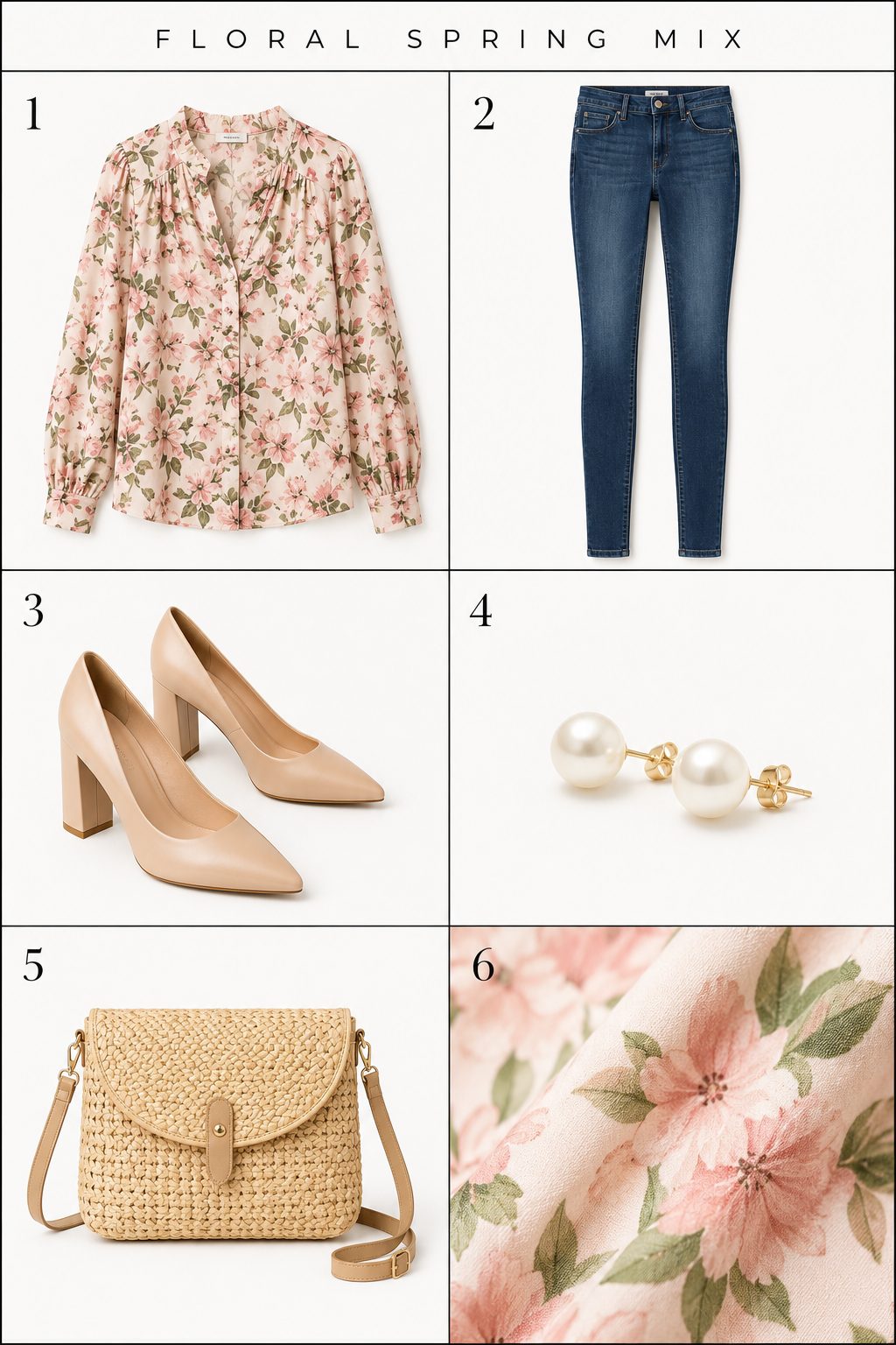 Skinny Jeans with a Floral Blouse and Nude Heels for Spring