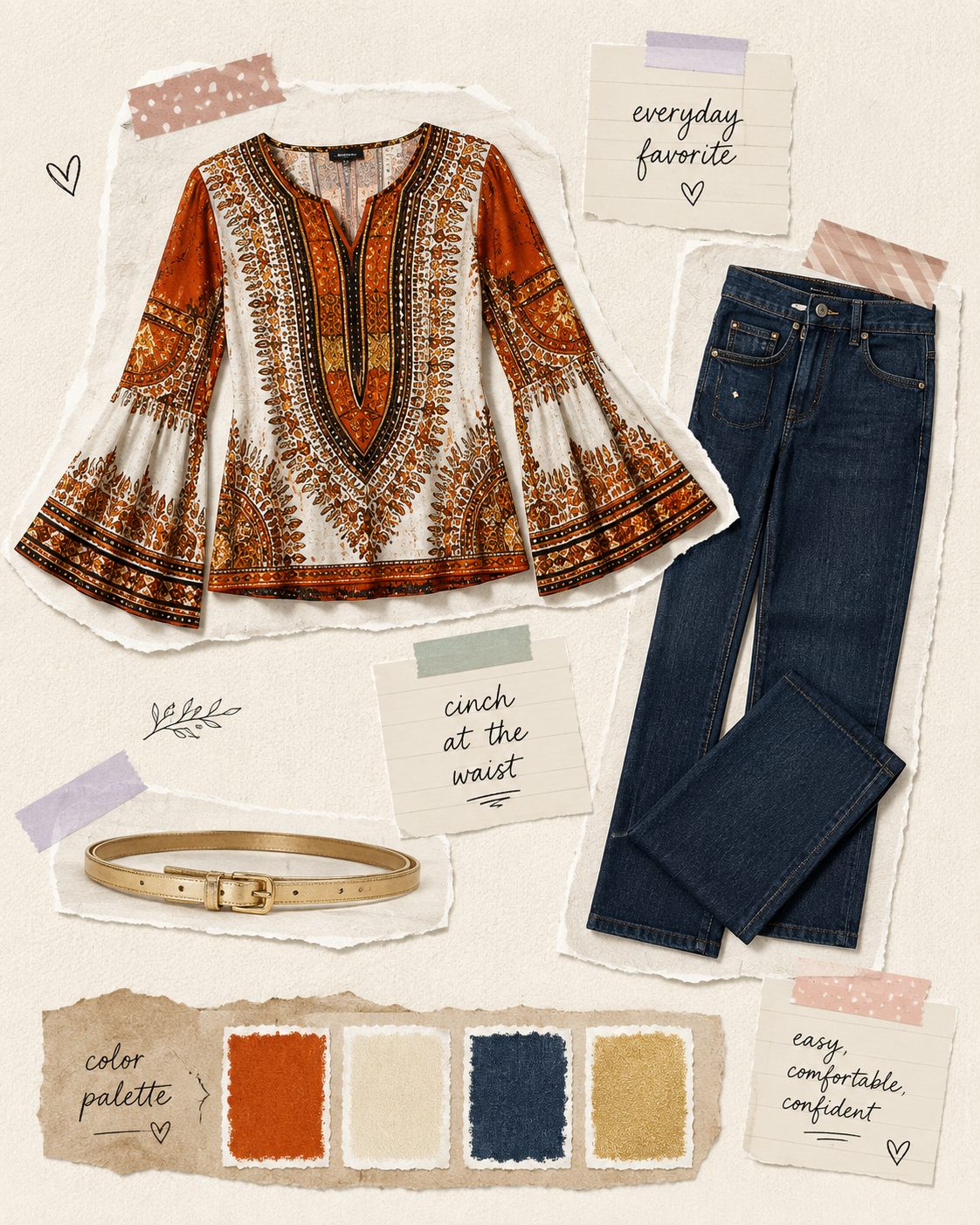 Dashiki Bell-Sleeve Blouse With Straight Jeans