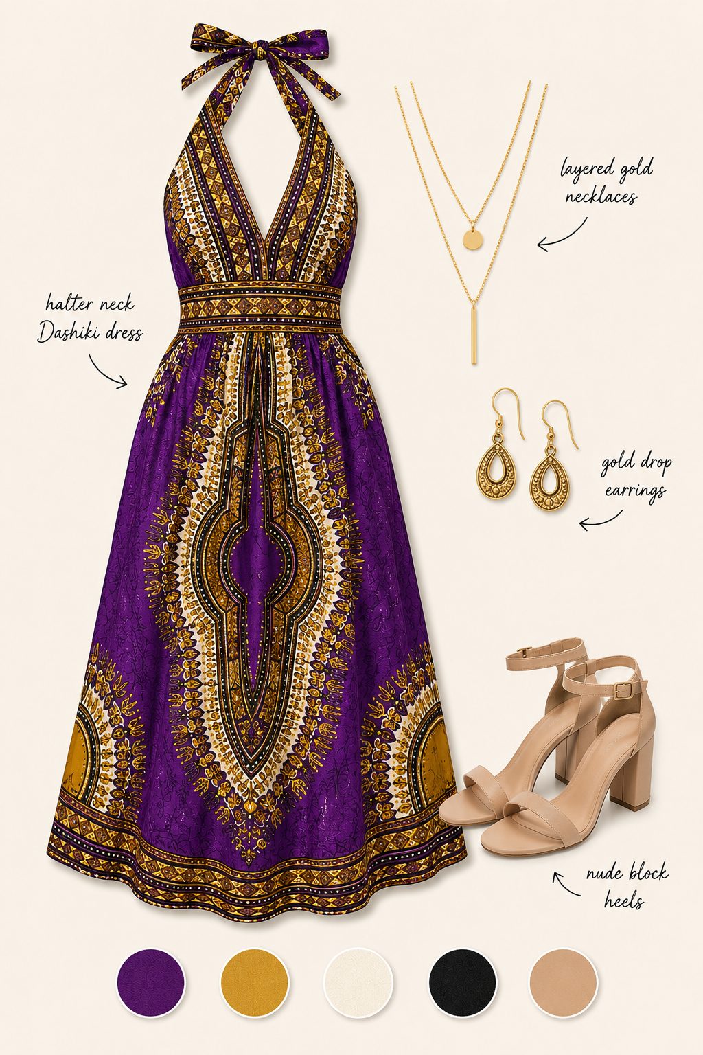 Dashiki Halter Dress With Layered Necklaces