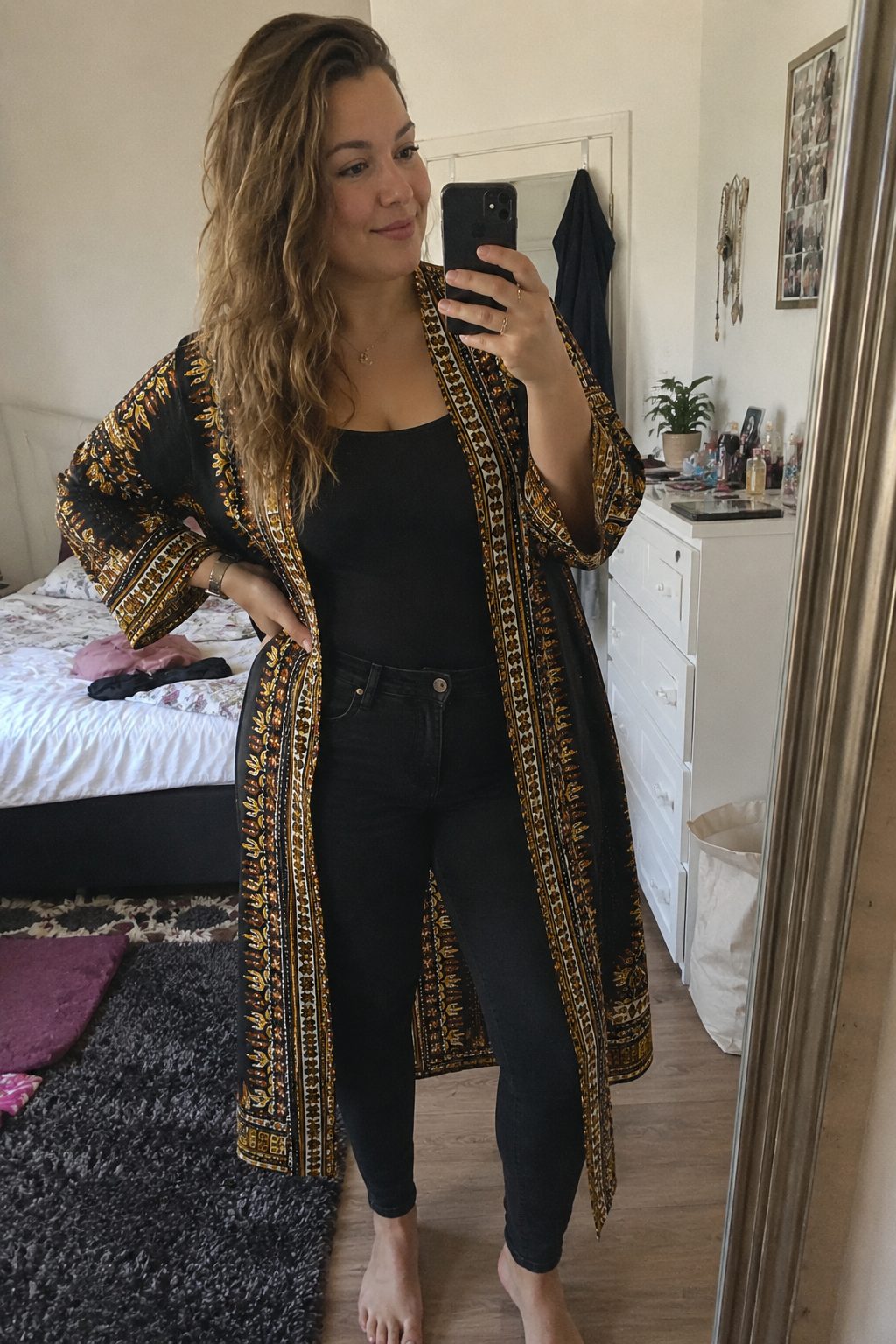 Dashiki Duster Jacket Over a Plain Bodysuit