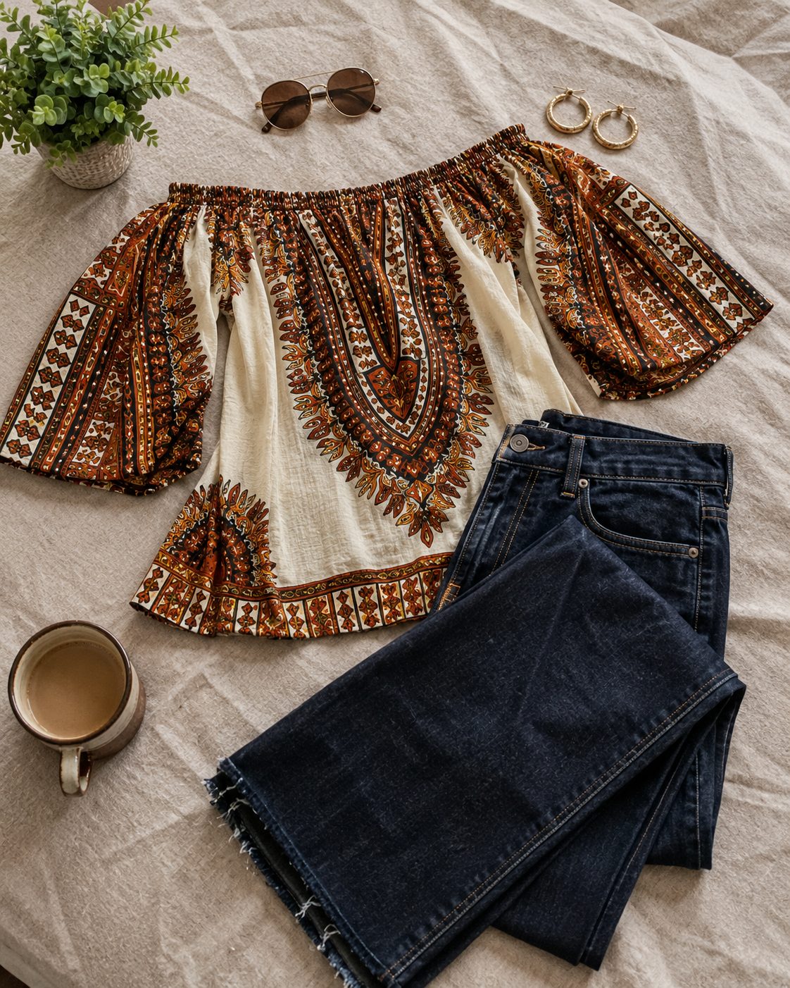 Dashiki Off-Shoulder Top With Wide-Leg Jeans