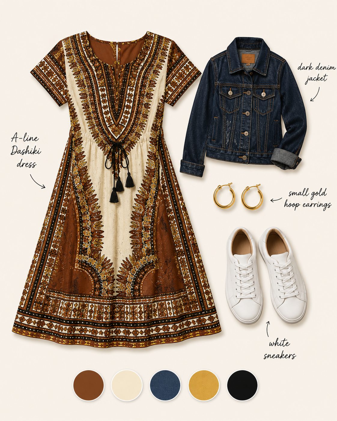 Dashiki A-Line Dress With a Denim Jacket