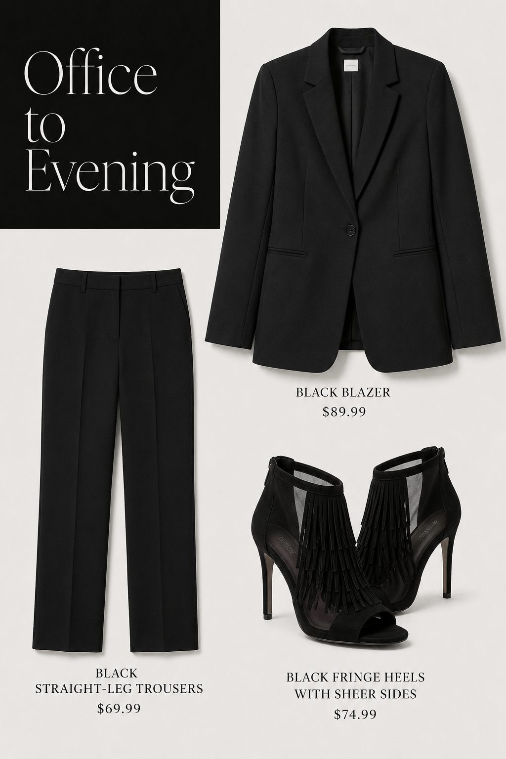 All-Black Office Look with Fringe Heels
