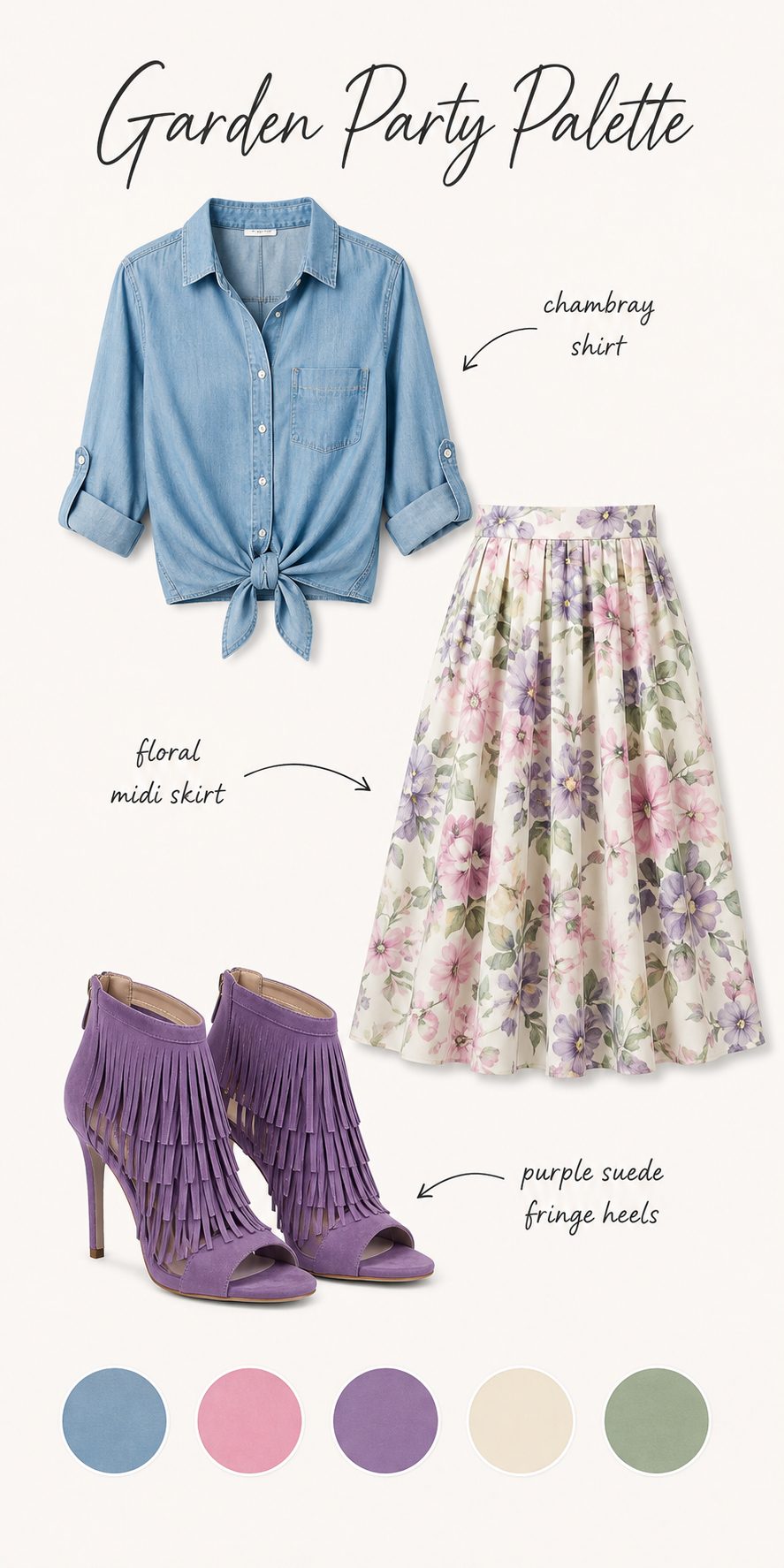 Floral Skirt with Purple Fringe Heels