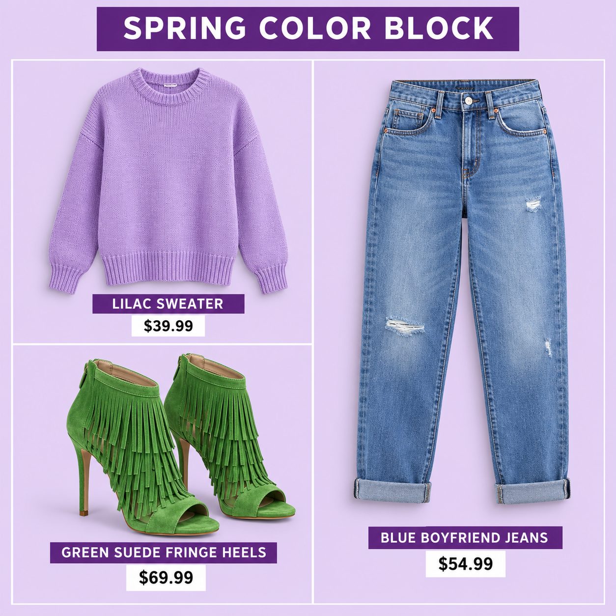 Green Fringe Heels with a Purple Sweater and Boyfriend Jeans