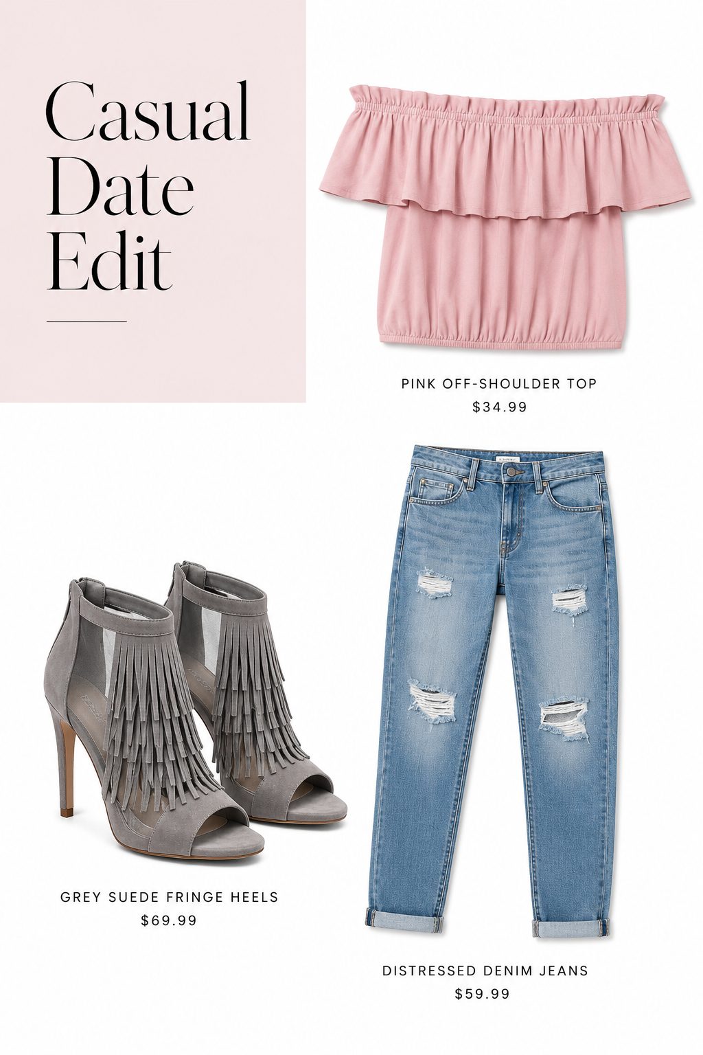 Grey Fringe Heels with a Pink Off-Shoulder Top