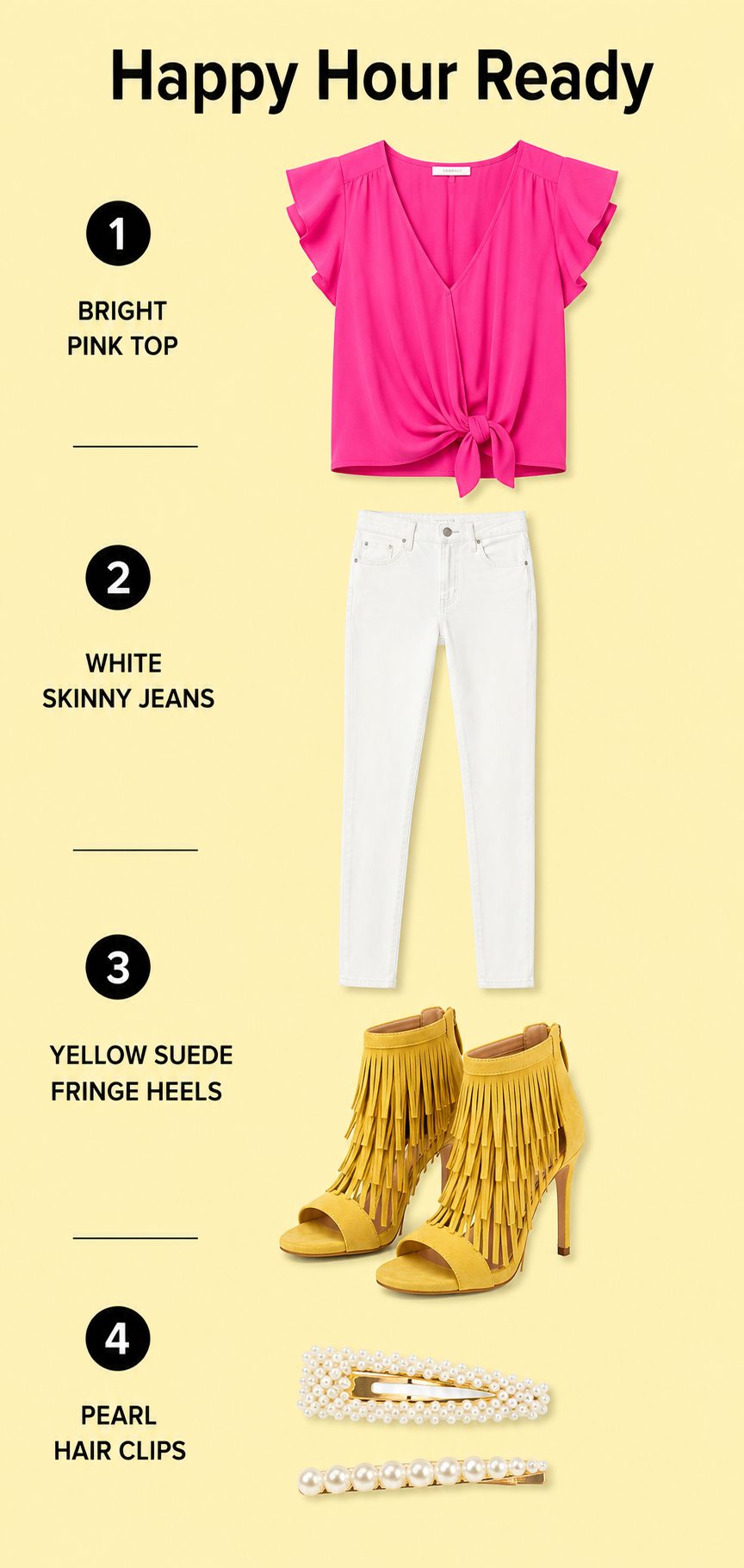 Yellow Fringe Heels with White Jeans and a Pink Top