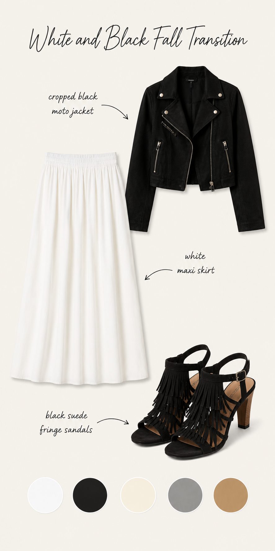 Black Fringe Sandals with a White Maxi Skirt and Jacket