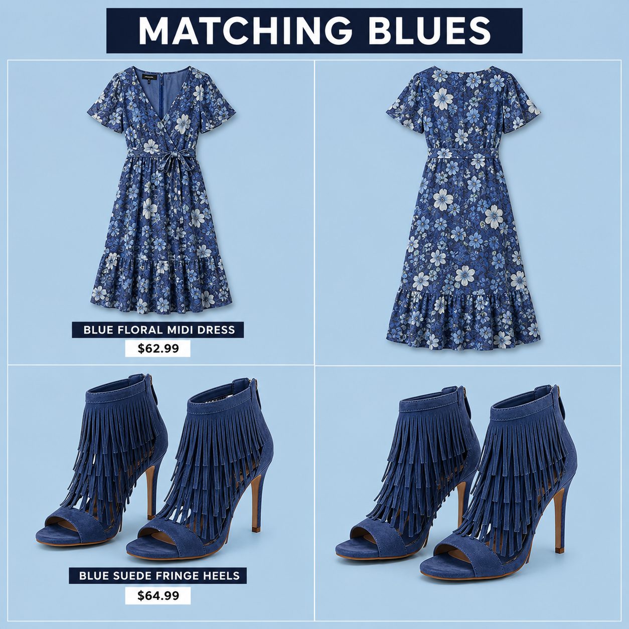 Blue Floral Dress with Blue Fringe Heels