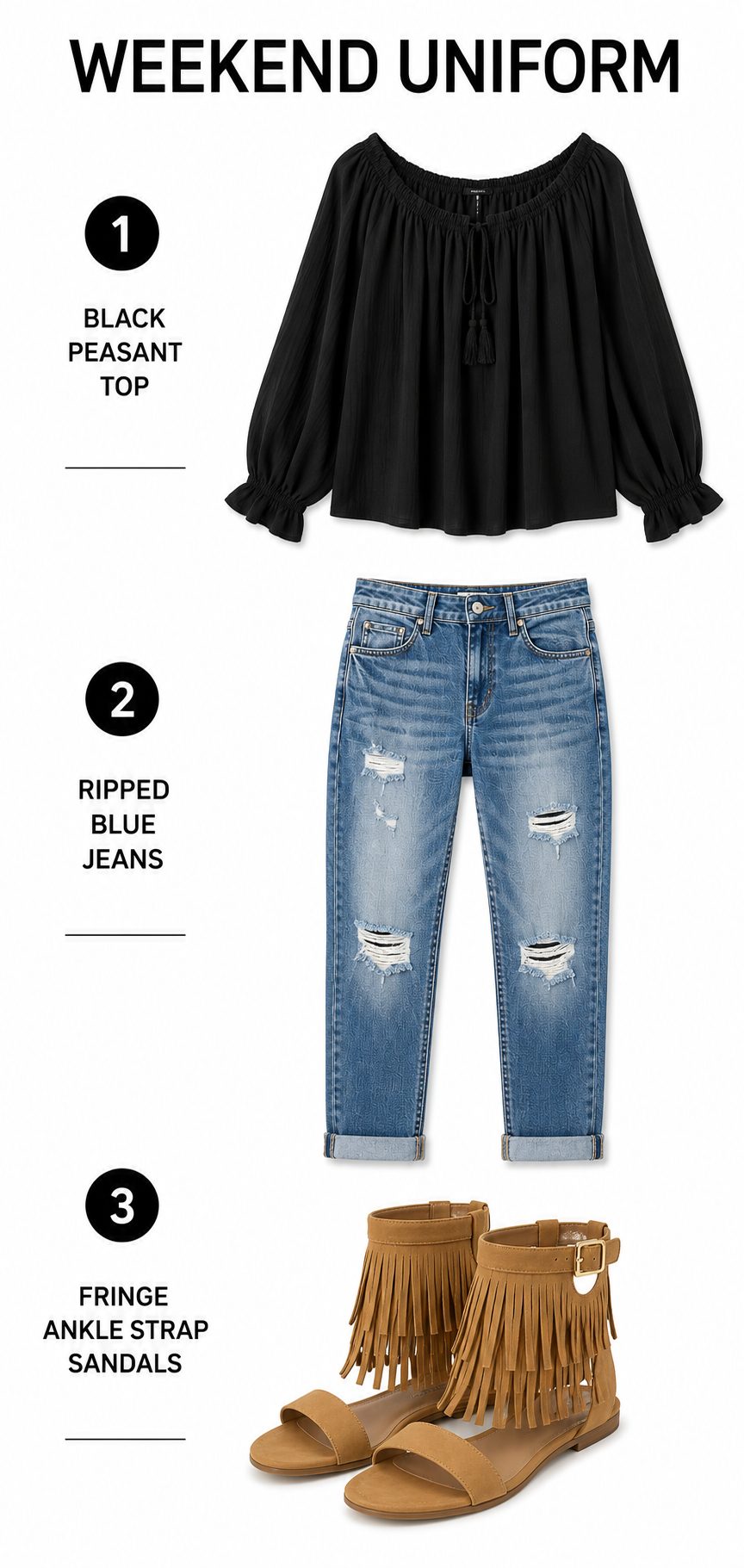Weekend Denim Look with Fringe Ankle Strap Sandals