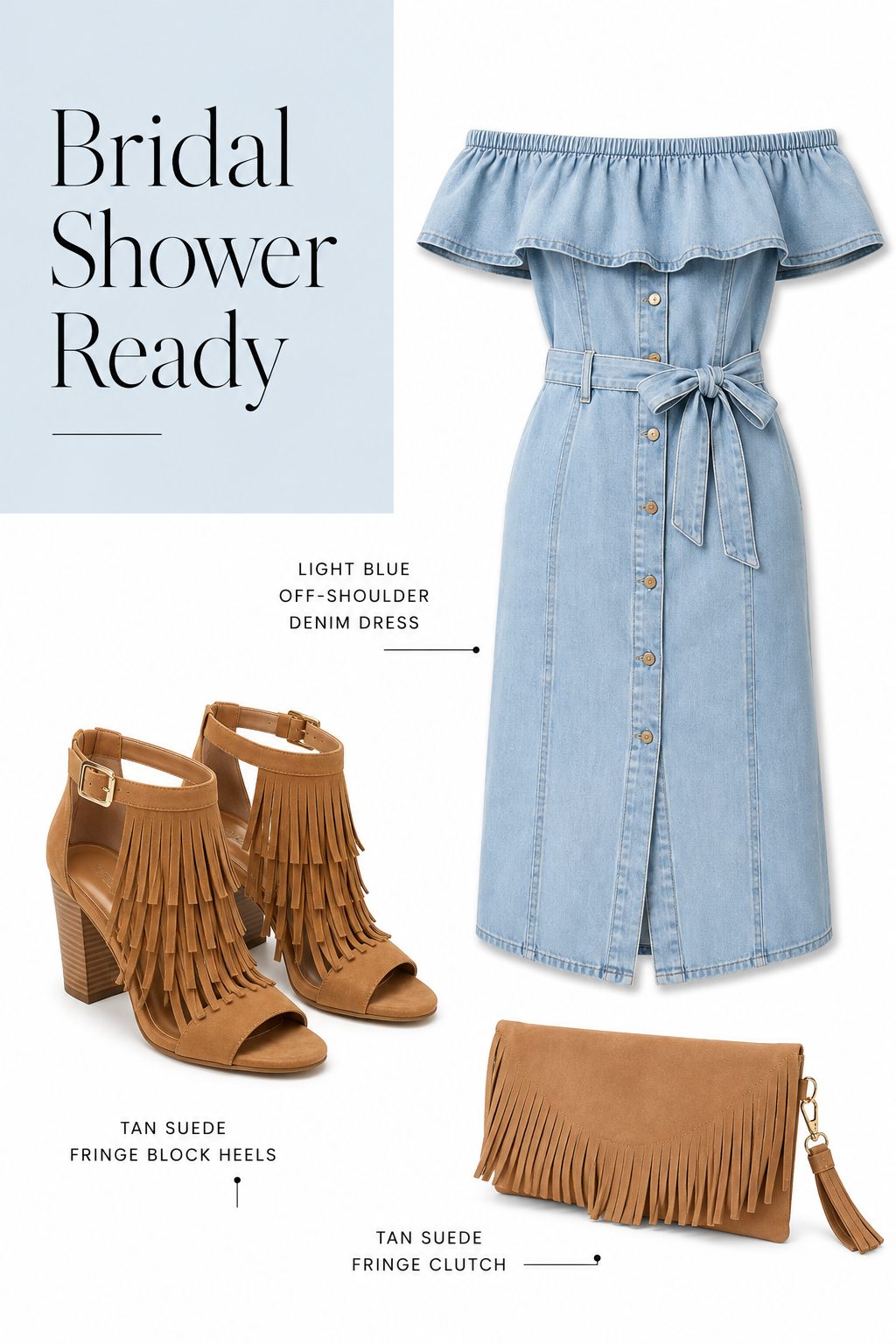 Off-Shoulder Denim Dress with Fringe Block Heels