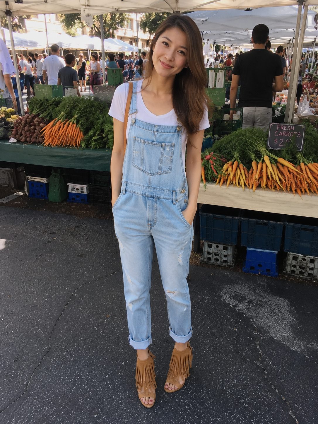 Camel Fringe Heels with Denim Dungarees
