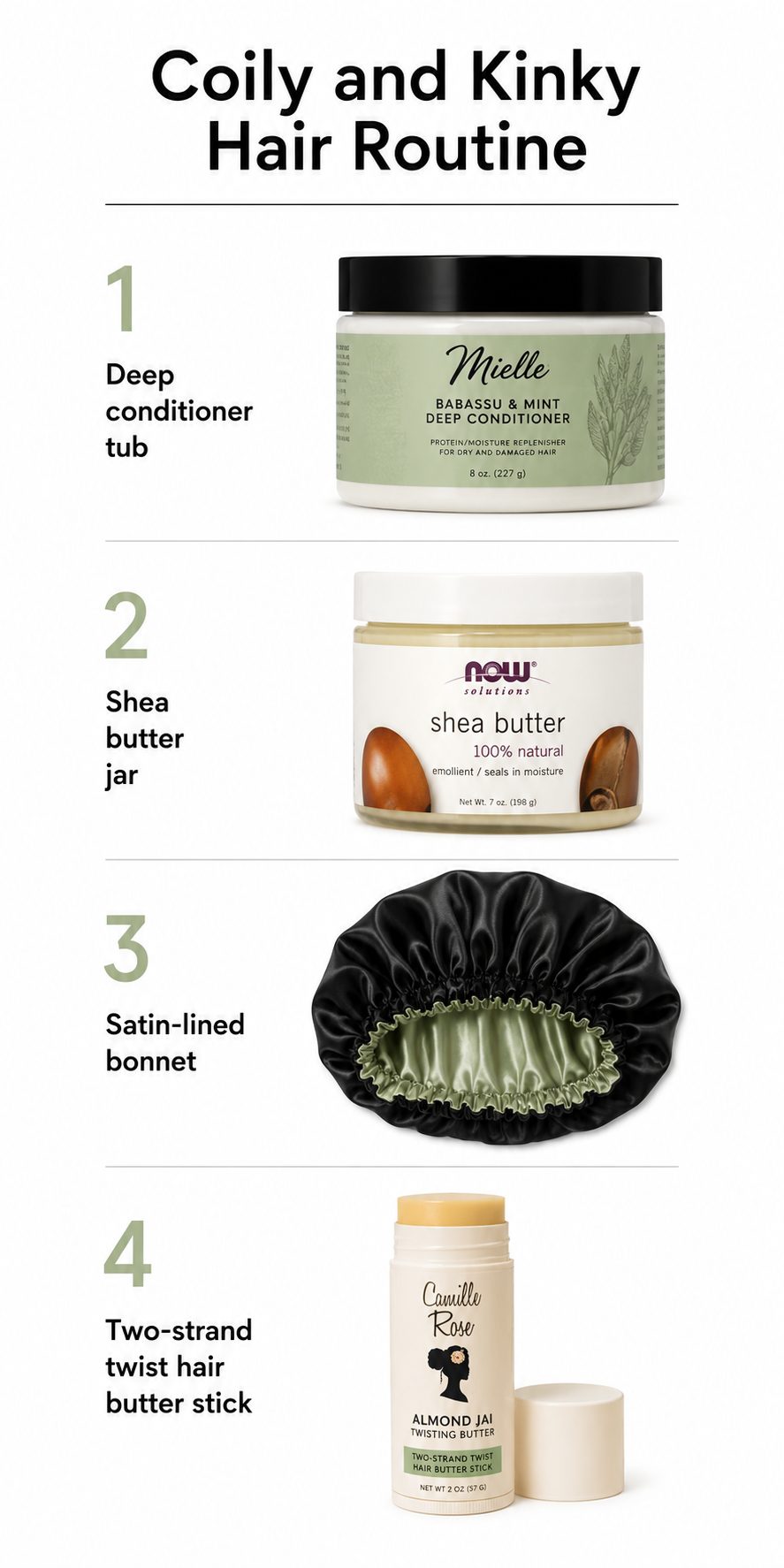 Coily and kinky hair routine products including deep conditioner shea butter and satin bonnet