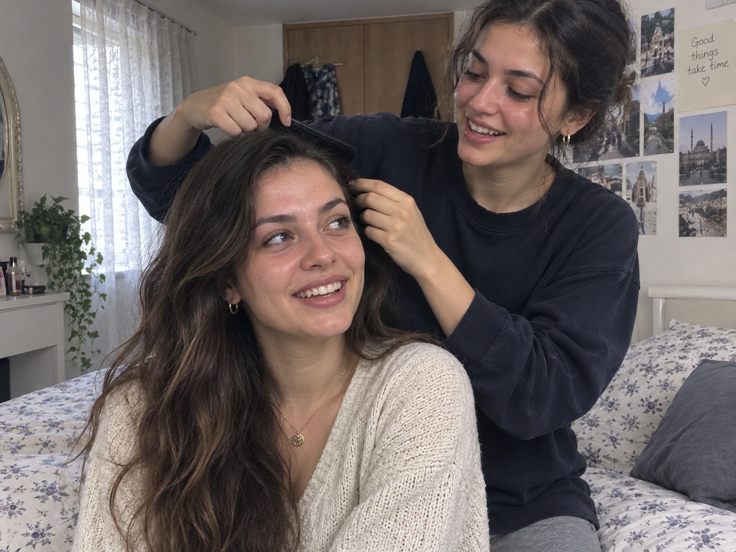 Friend parting hair to a different side to rotate hairline tension