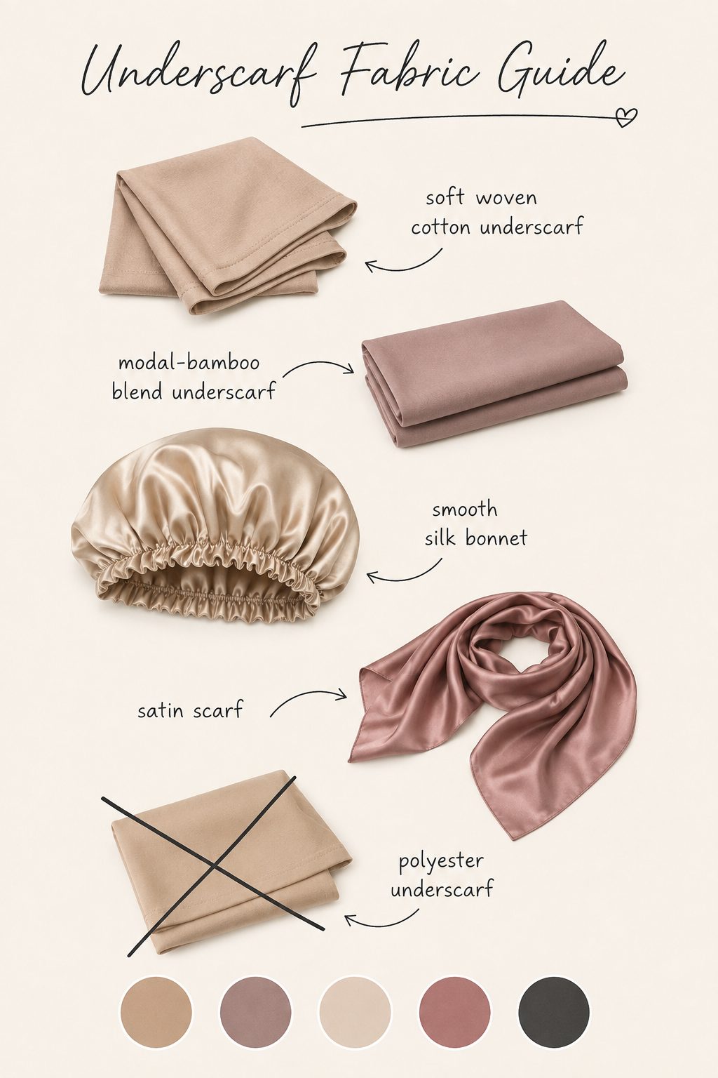 Underscarf fabric guide swatches showing cotton modal silk satin and polyester
