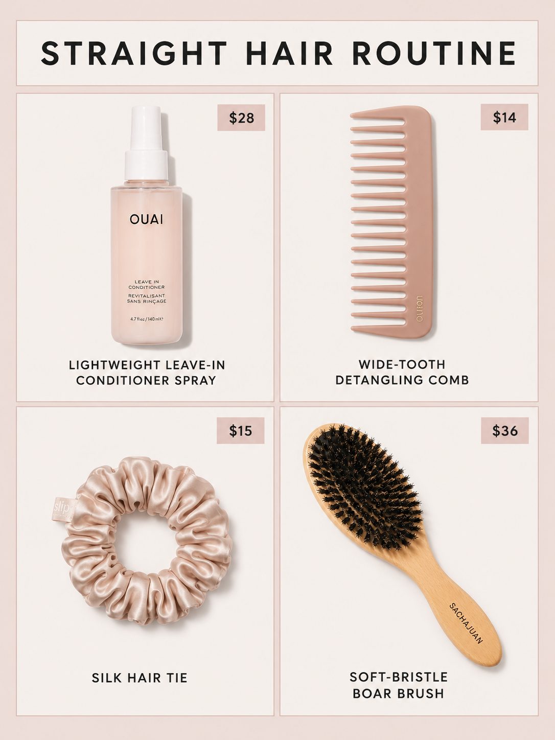 Straight hair care routine products including leave-in spray comb and brush
