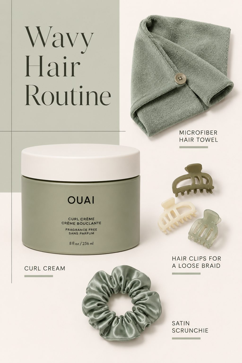 Wavy hair care routine products including curl cream microfiber towel and clips