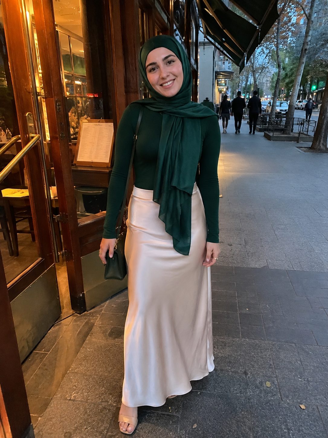 Satin Slip Skirt Layered Over a Fitted Long-Sleeve Top