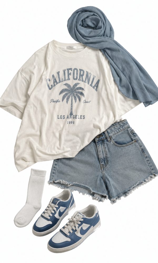 Denim Shorts with Long Socks Peeking Over Retro Sneakers